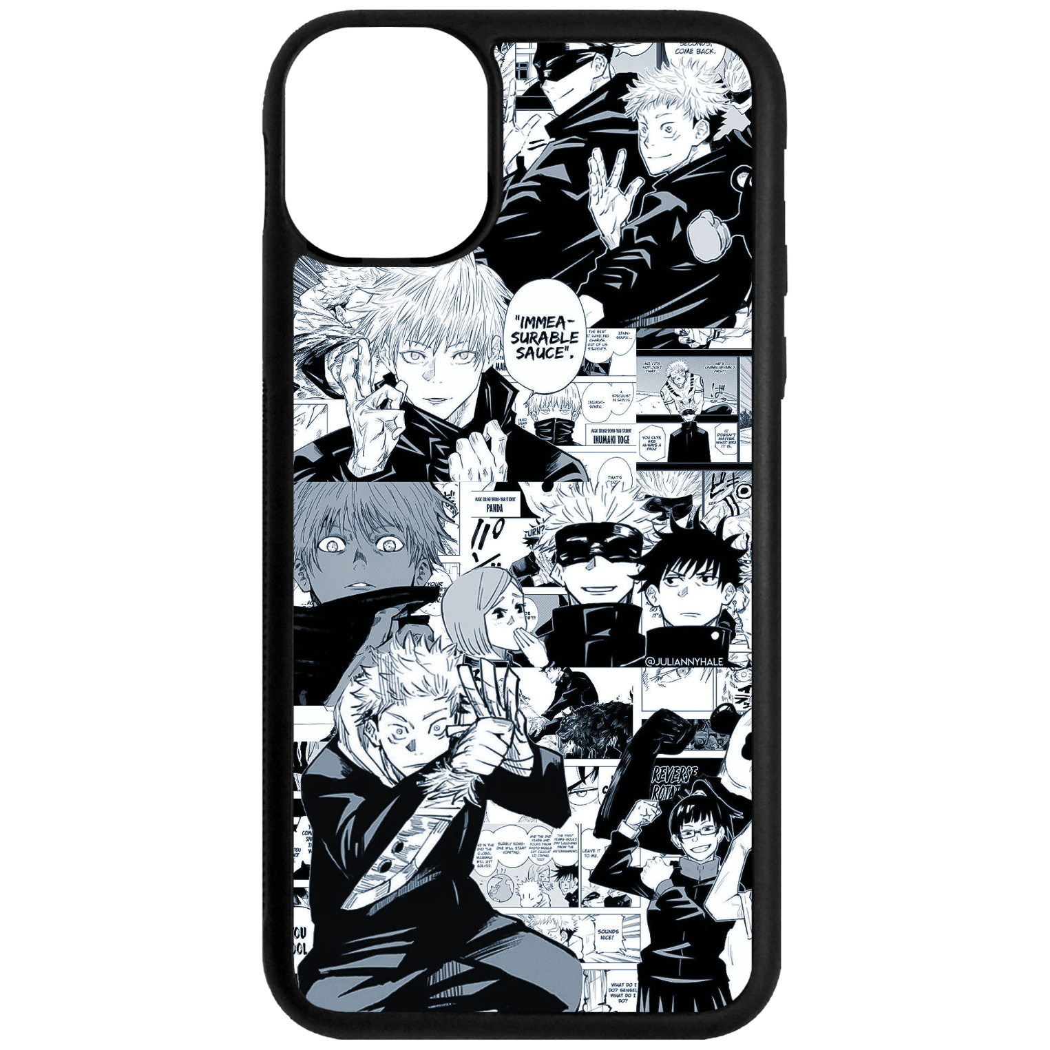 Anime Manga panel phone case based off the anime Jujutsu Kaisen. Case includes characters such as Yuji and Gojo on top of a manga panel collage layer.